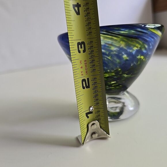 Hand Blown Art Glass Bowl Footed Blue Green Swirl Small 3" - Picture 7 of 9